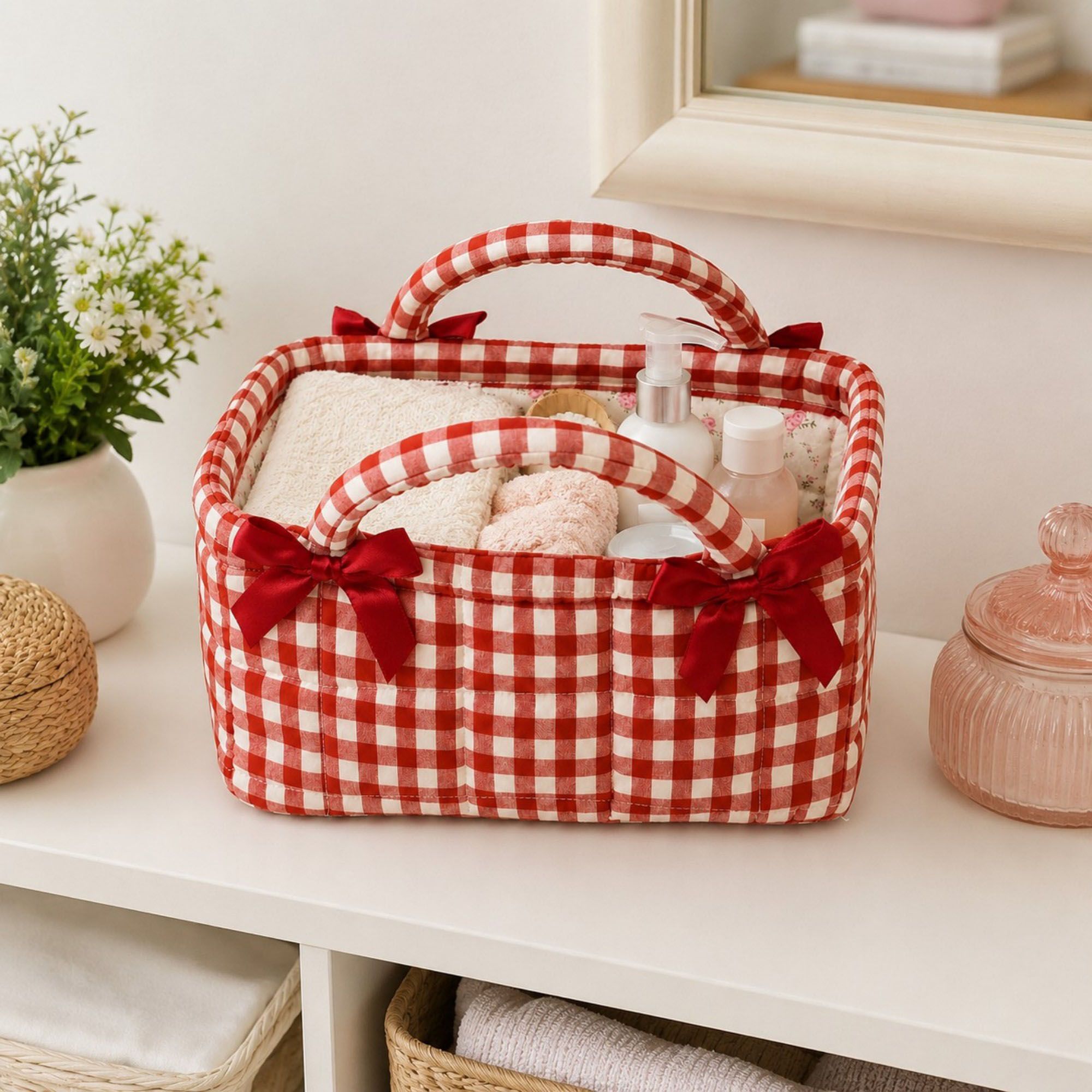Quilted Gingham Storage Caddy with Handles Bow Accent for Makeup Vanity Dorm Bathroom Organizer