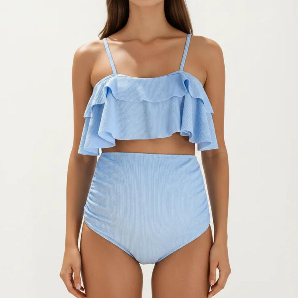 Anna-Kaci Swim Women's Ribbed Maternity Two-Piece Bikini Set with Ruffle Top and High-Waisted Bottom