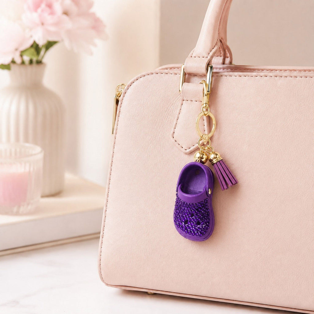 Rhinestone Mini Clog Keychain Bag Charm with Tassel Gold Tone Clip and Key Ring
