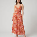 Abstract Floral Print Smocked Waist Spaghetti Strap V-Neck Maxi Dress with Surplice Bodice and Flowy Skirt