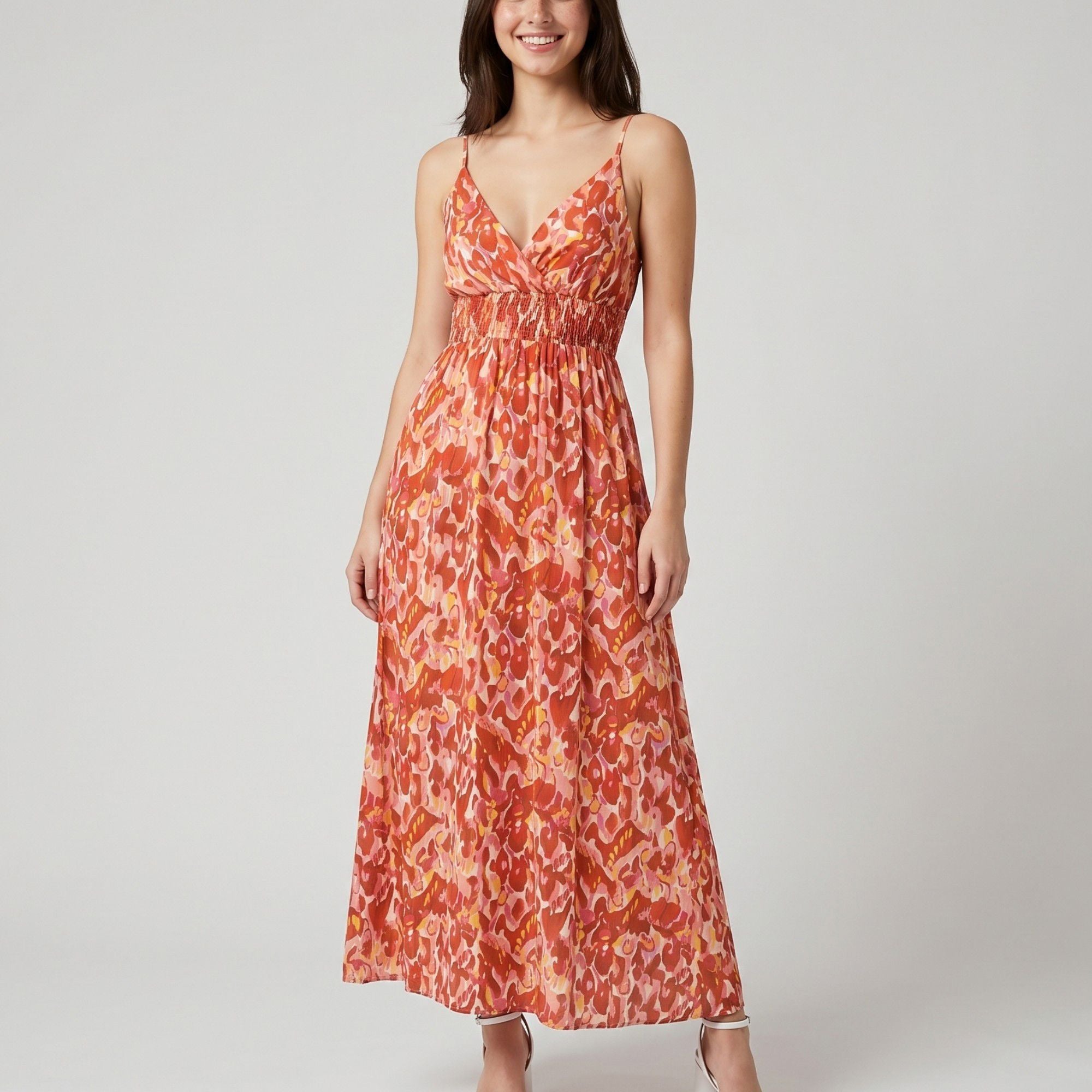 Abstract Floral Print Smocked Waist Spaghetti Strap V-Neck Maxi Dress with Surplice Bodice and Flowy Skirt