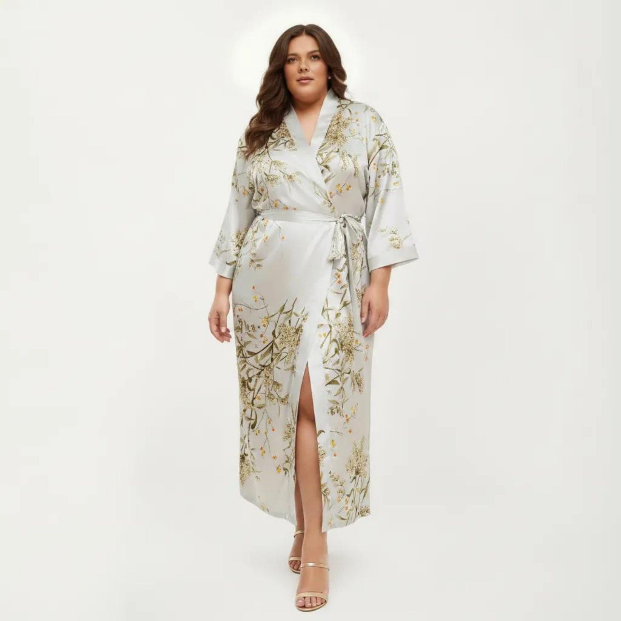 Anna-Kaci Lounge Women's Plus Size Satin Floral Kimono Robe with Self Tie Belt Longline Open Front Lightweight Sleepwear