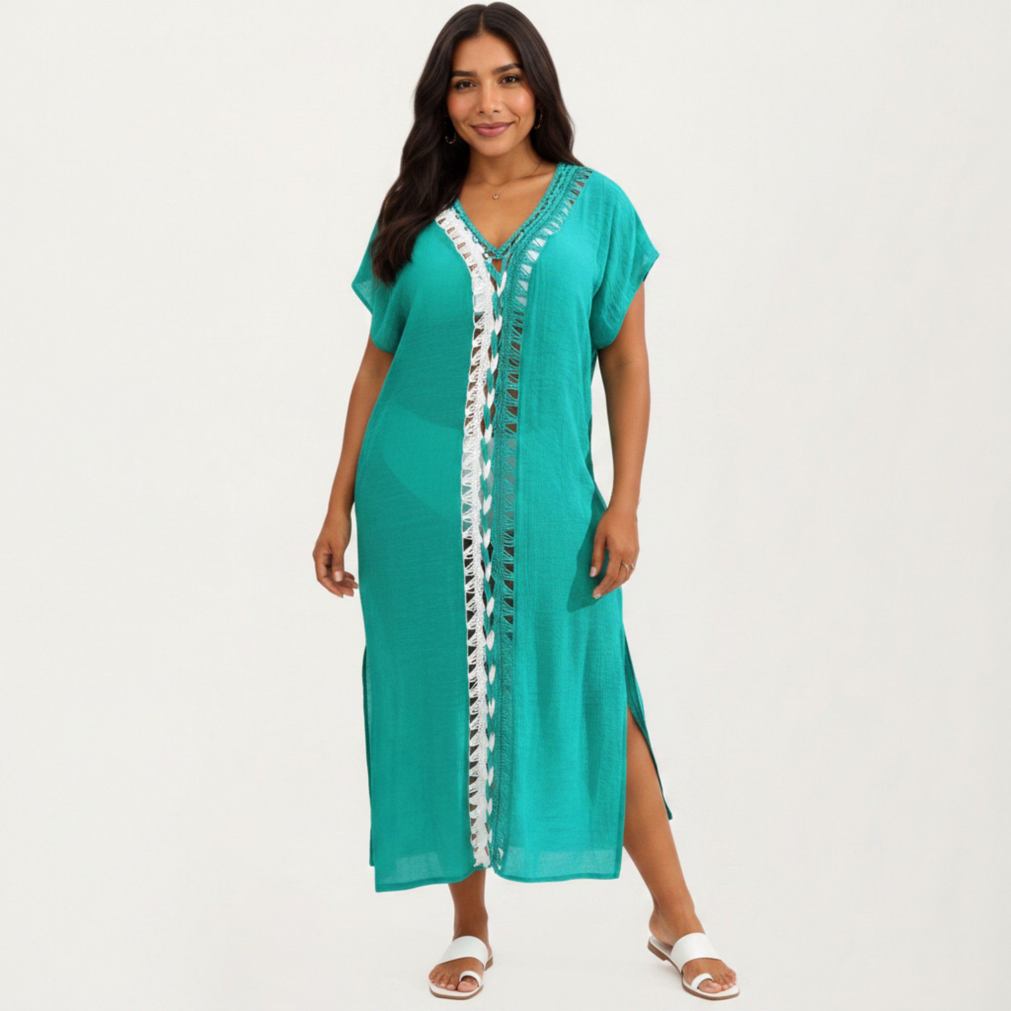 Anna-Kaci Women's Maxi Swim Cover Up Dress with Crochet Trim V Neck Short Sleeves Relaxed Lightweight Fit