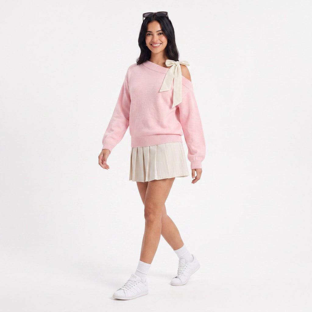 Off Shoulder Bow Sweater Long Sleeve Relaxed Fit Knit Pullover