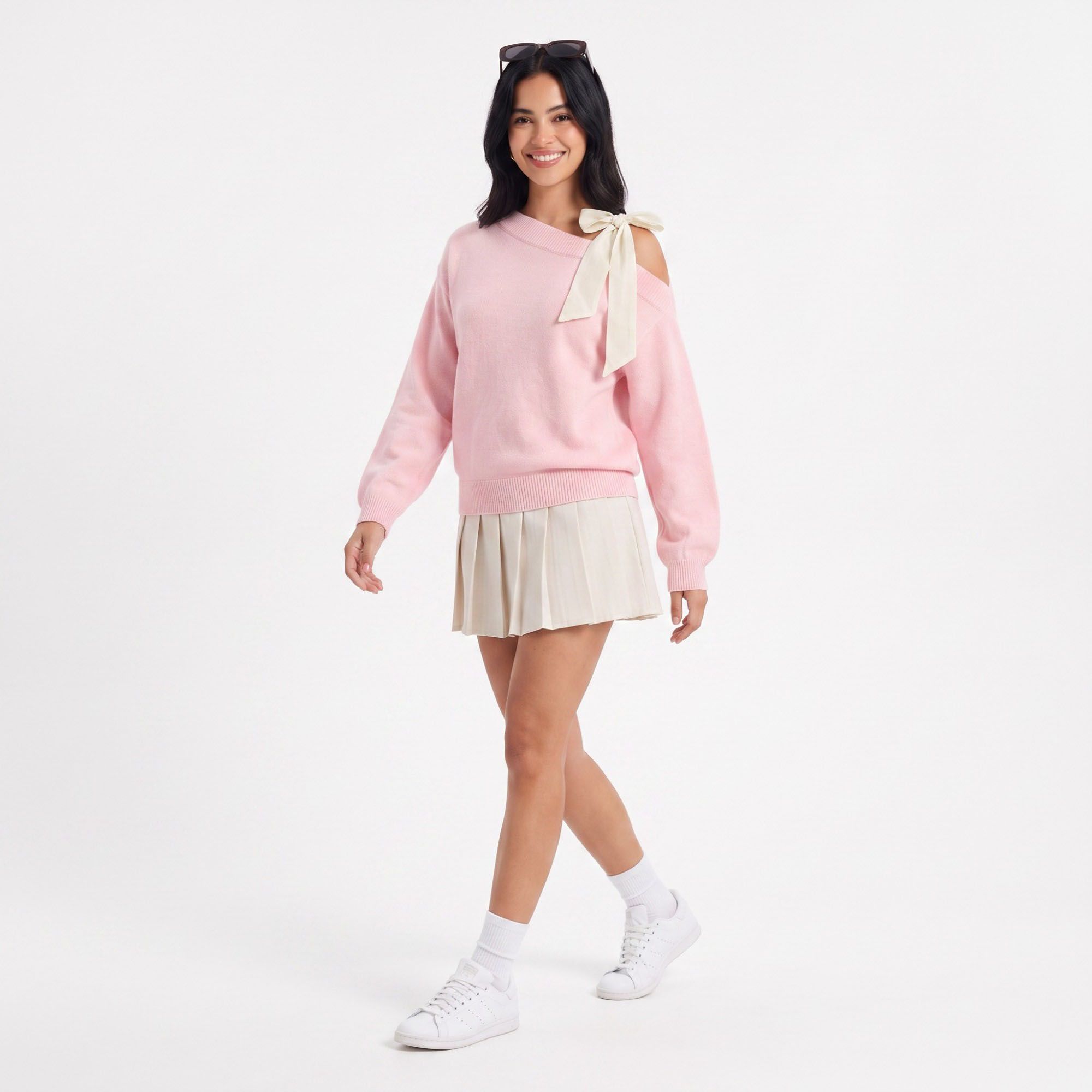 Off Shoulder Bow Sweater Long Sleeve Relaxed Fit Knit Pullover