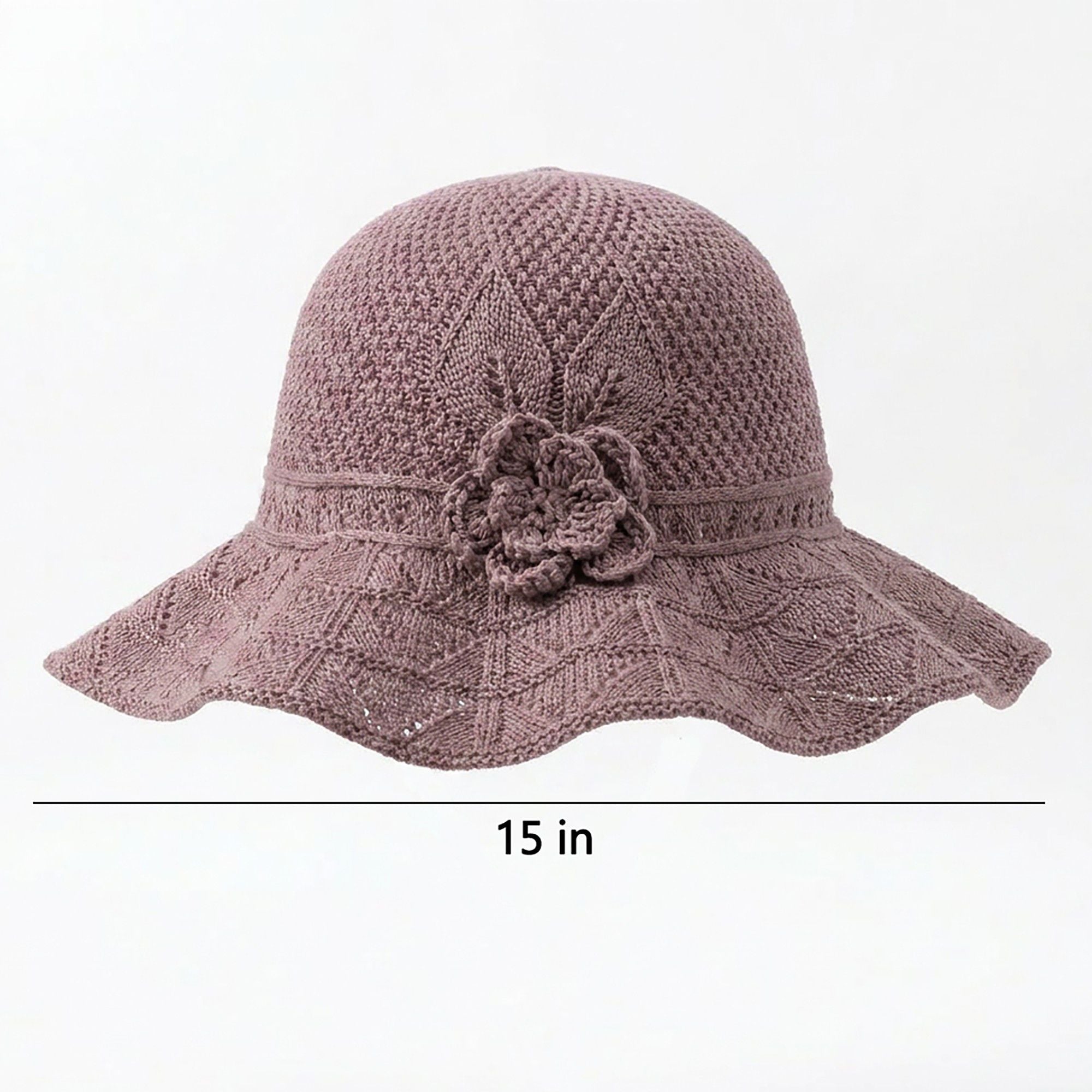 Crochet Wide Brim Sun Hat with Floral Accent Scalloped Edge and Chin Strap