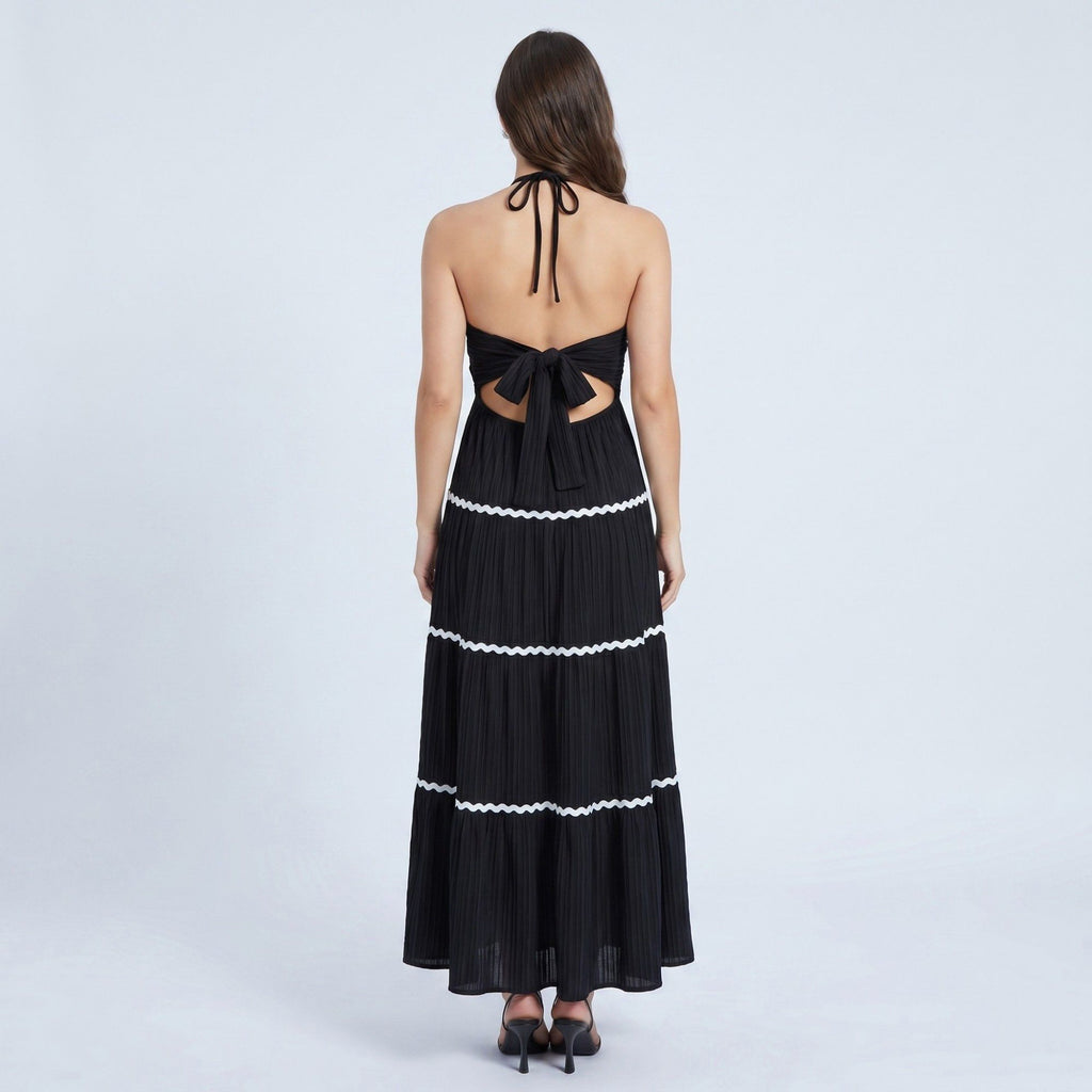 Anna-Kaci Women's Halter Neck Tiered Maxi Dress with Contrast Trim