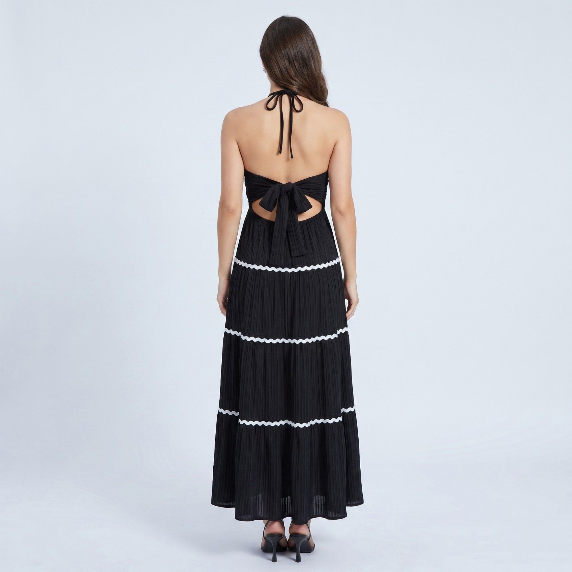 Anna-Kaci Women's Halter Neck Tiered Maxi Dress with Contrast Trim