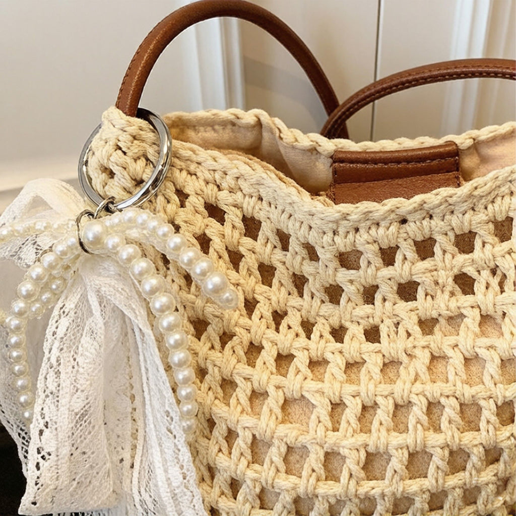 Crochet Crossbody Bag with Lace Bow Detail Lightweight Knit Shoulder Bag Small Casual Handbag