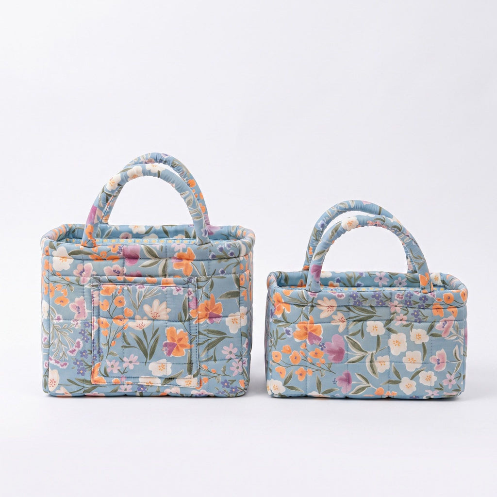 2 Piece Quilted Floral Storage Tote Set with Handles and Front Pocket