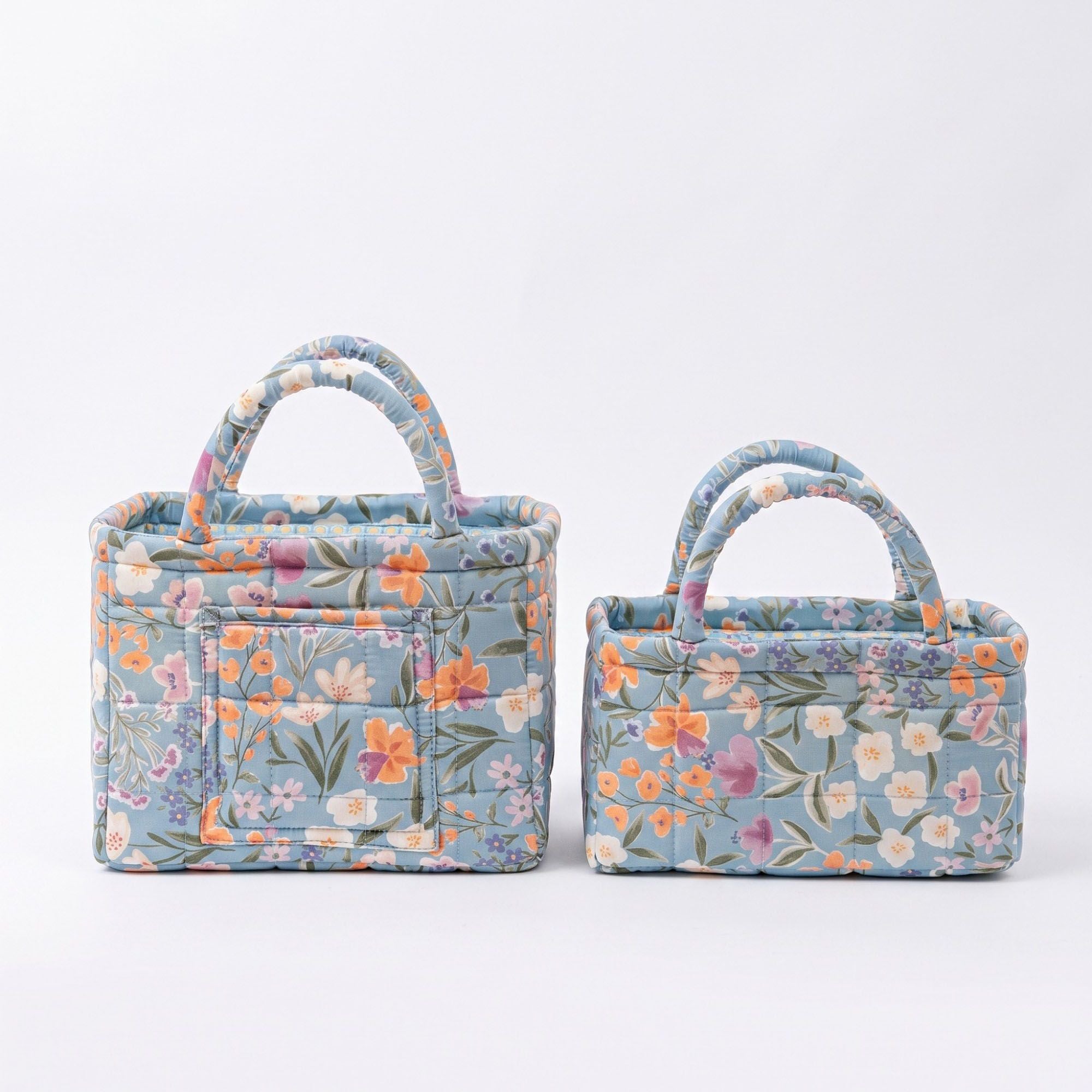 2 Piece Quilted Floral Storage Tote Set with Handles and Front Pocket