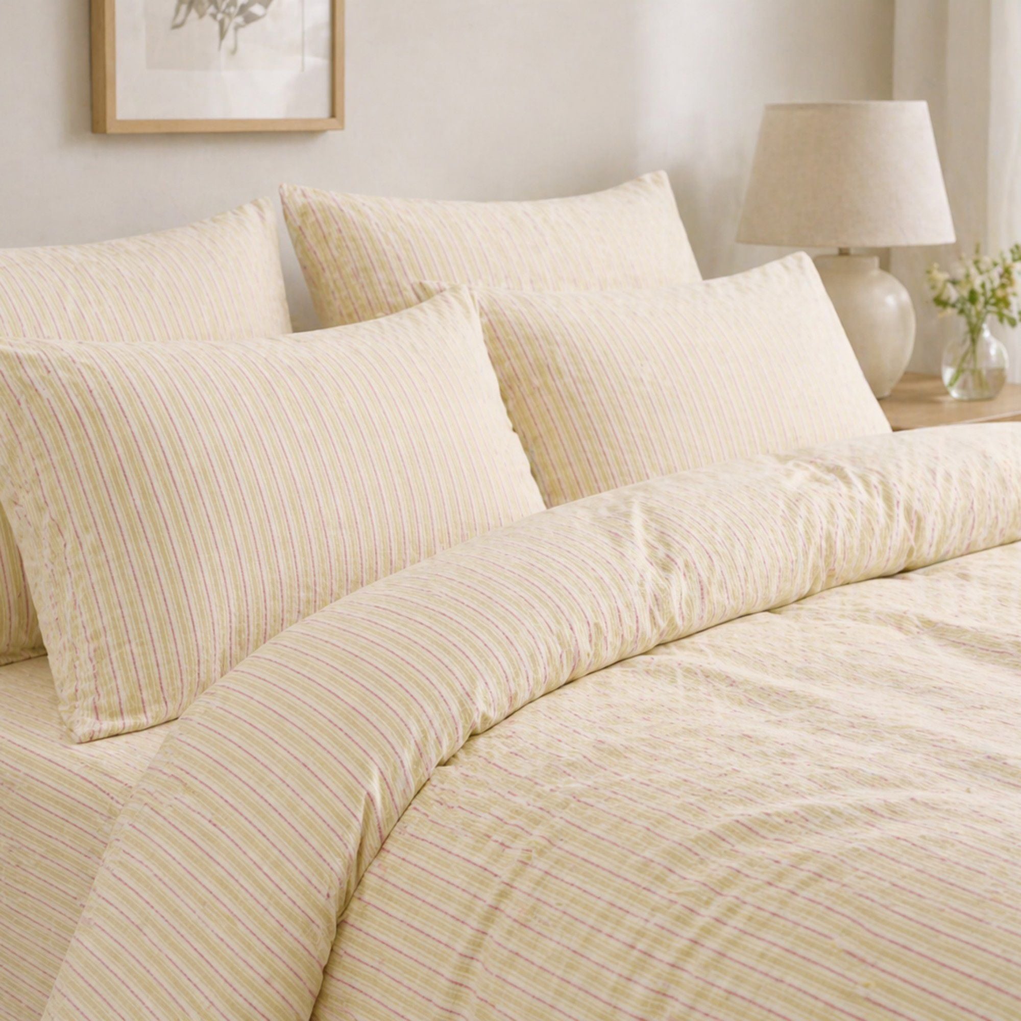 4-Piece Cotton Washed Bedding Set with Duvet Cover Flat Sheet and Pillowcases Striped Woven Design