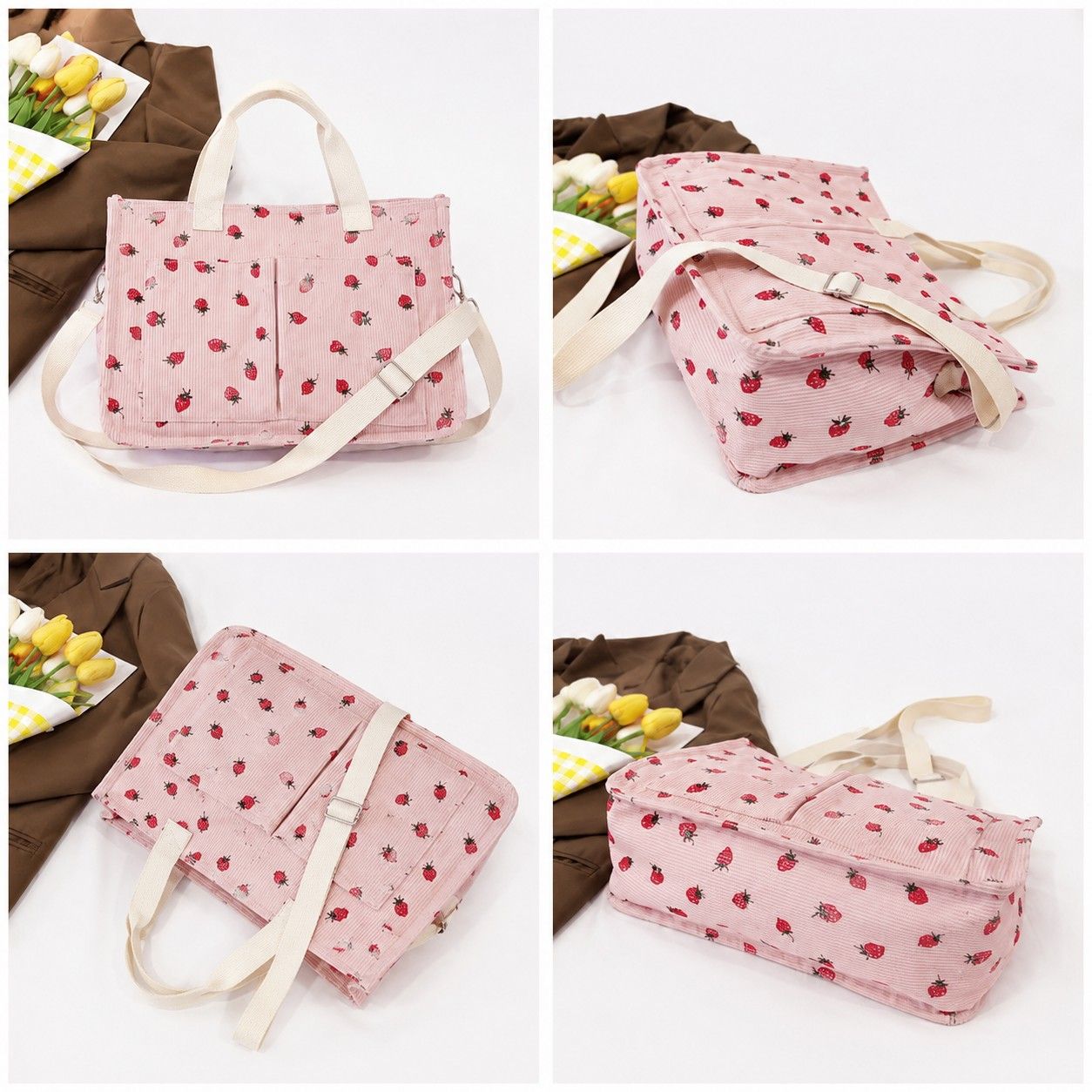 Canvas Strawberry Print Tote Bag with Shoulder Strap and Side Pockets
