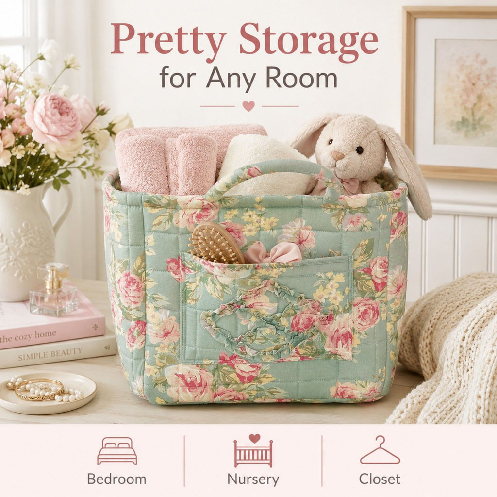 Quilted Floral Storage Caddy with Handles for Vanity Dorm Bathroom and Laundry Room