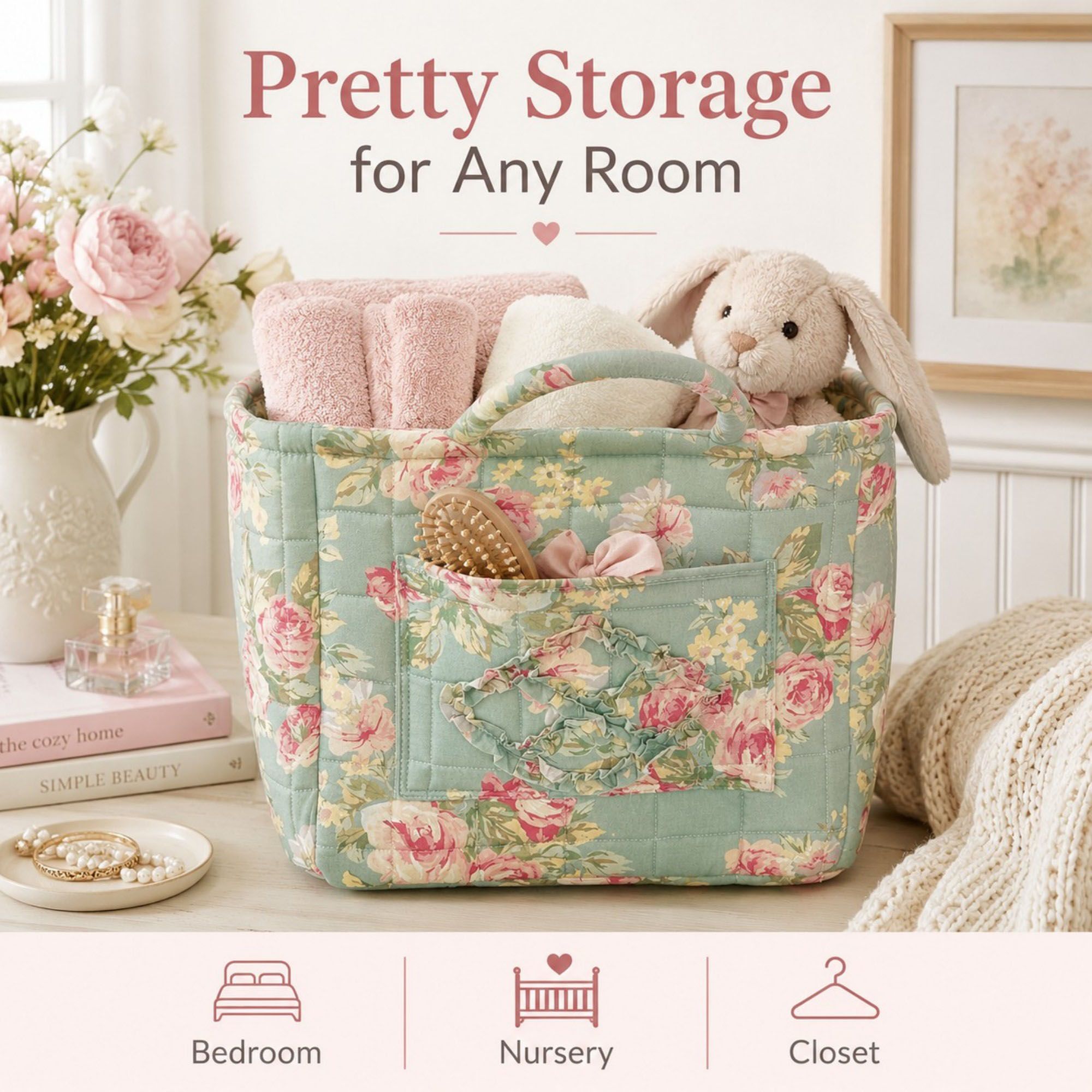 Quilted Floral Storage Caddy with Handles for Vanity Dorm Bathroom and Laundry Room