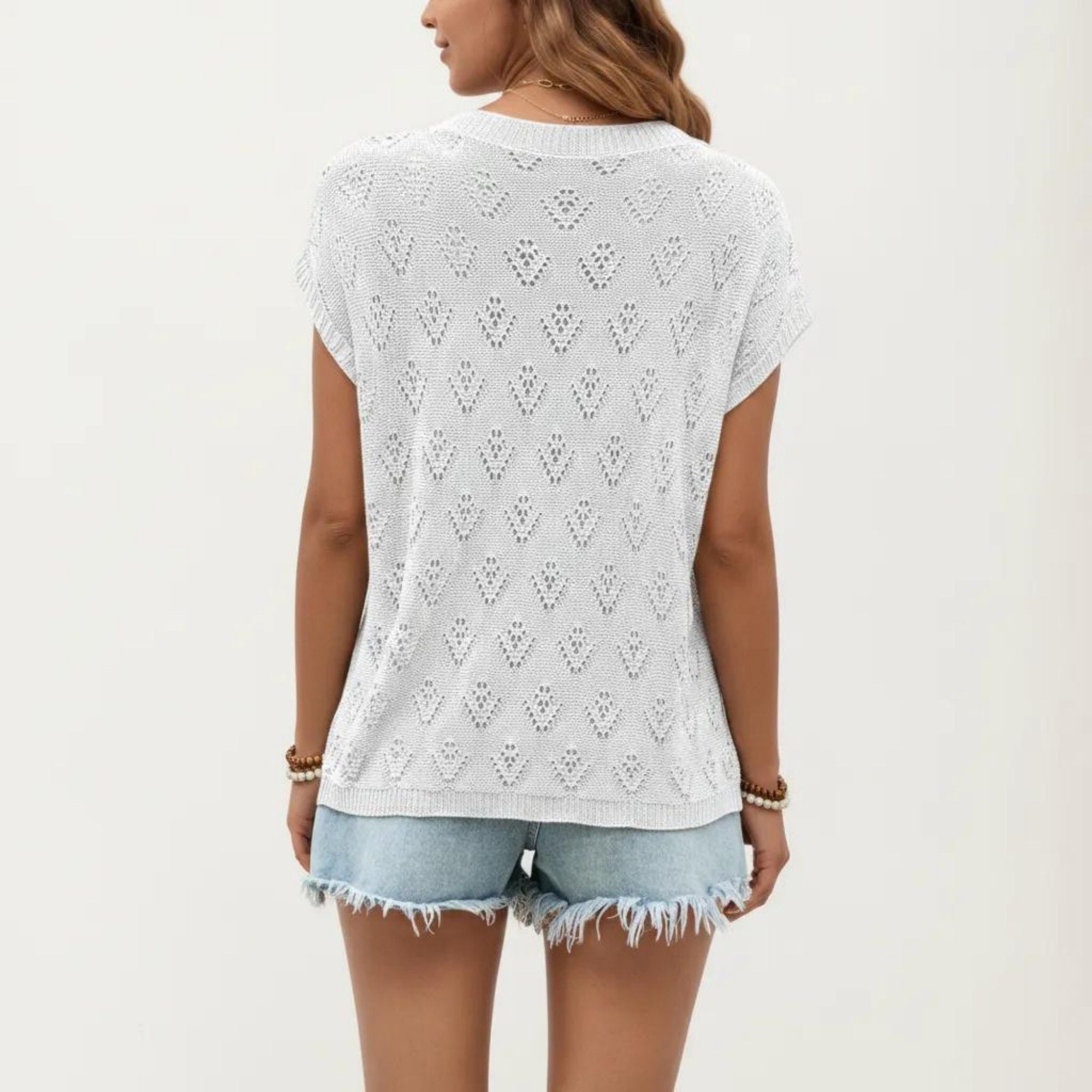 Anna-Kaci Women's Short Sleeve Knit Top with Floral Eyelet Pattern and Ribbed Crew Neck