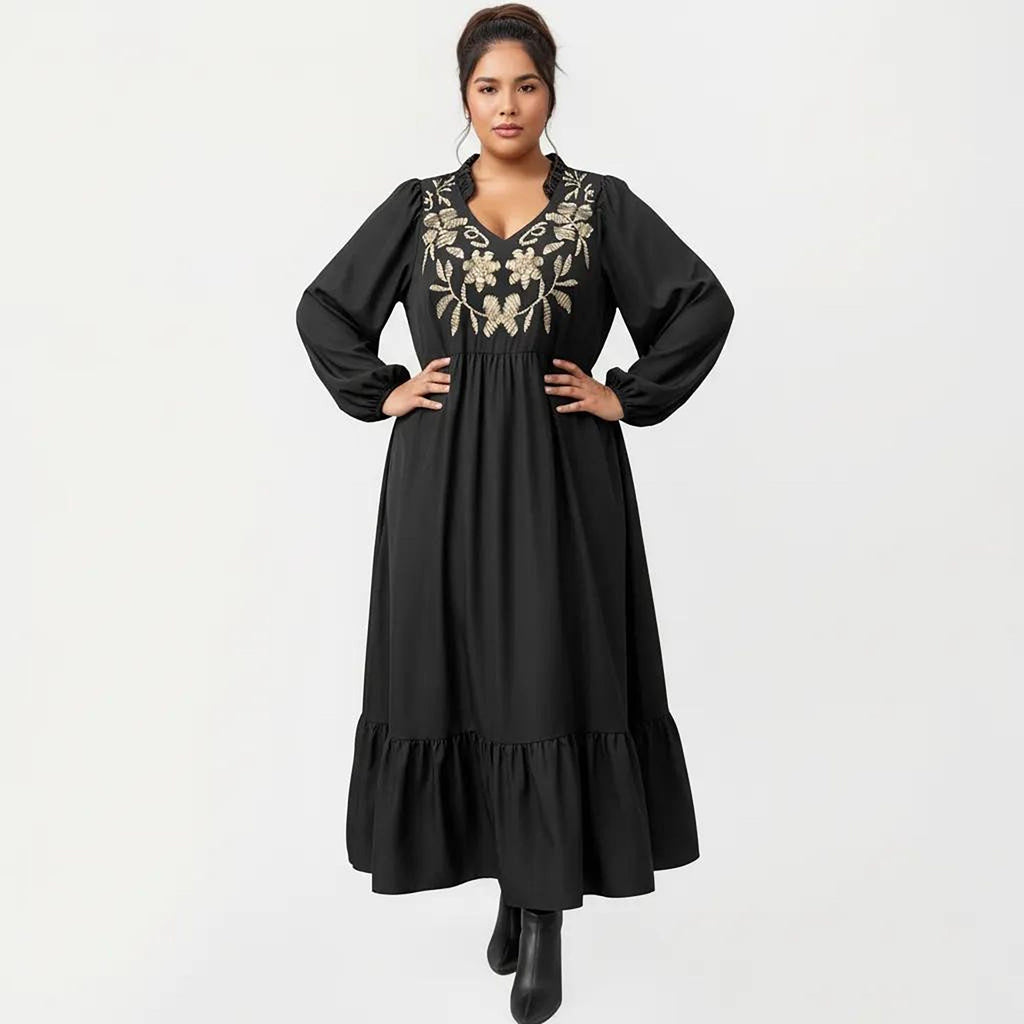 Anna-Kaci Women's Plus Size Long Sleeve V Neck Dress with Floral Embroidered Bodice and Flowy Tiered Skirt