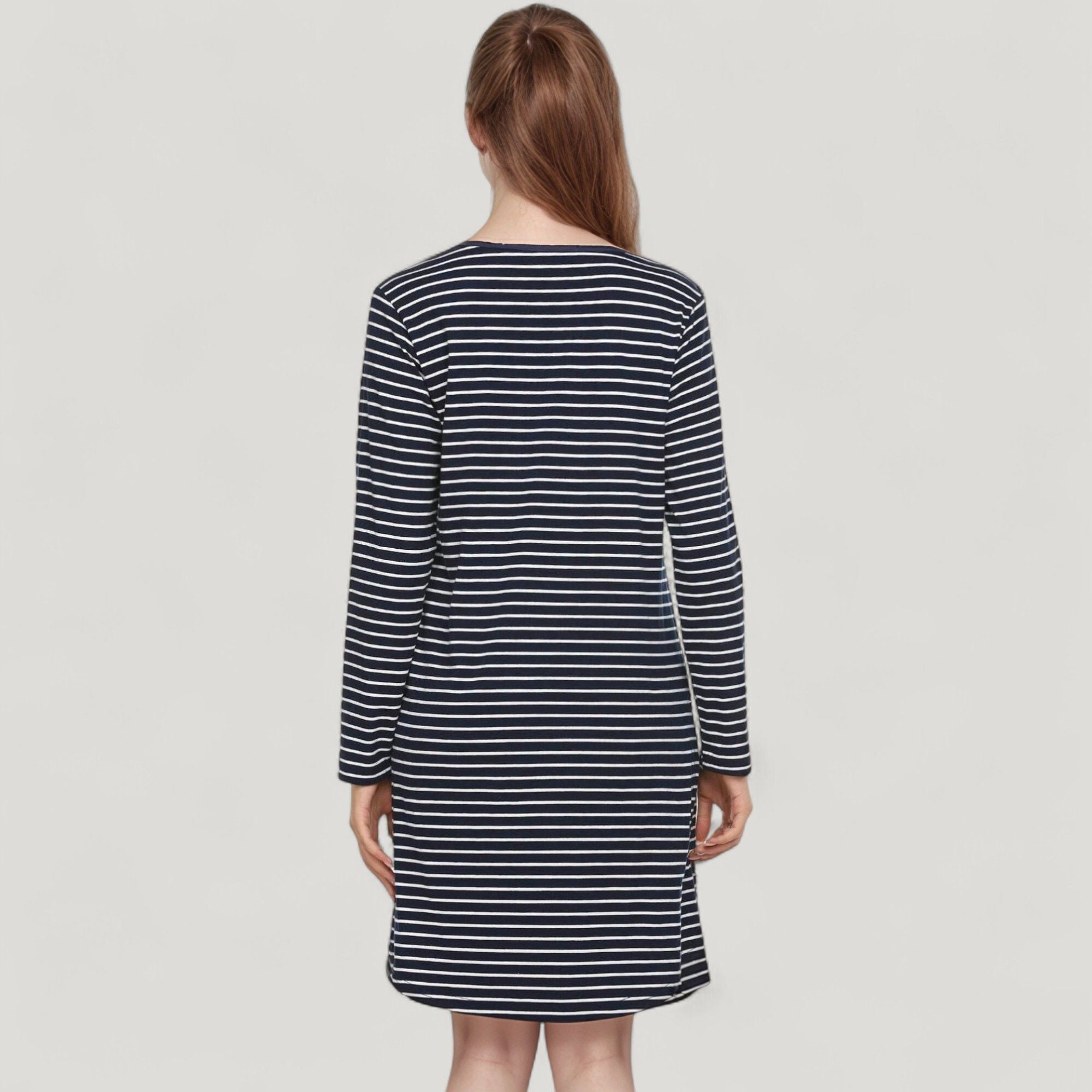 Anna-Kaci Lounge Women's Long Sleeve Striped Nightshirt Henley Neckline Sleep Dress with Chest Pocket Detail