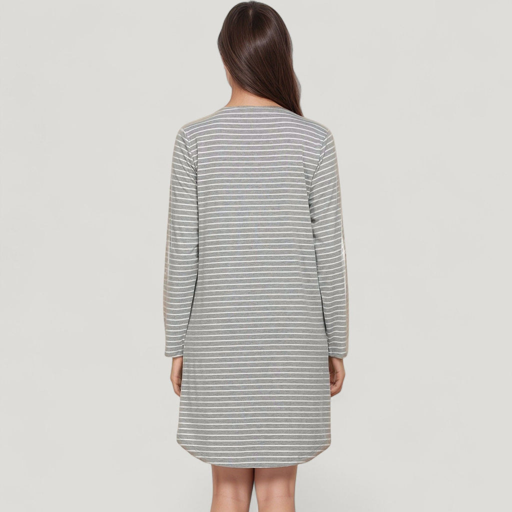 Anna-Kaci Lounge Women's Long Sleeve Striped Nightshirt Henley Neckline Sleep Dress with Chest Pocket Detail