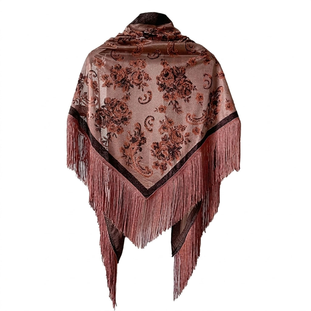 Triangle Shawl Scarf with Floral Jacquard and Fringe Trim