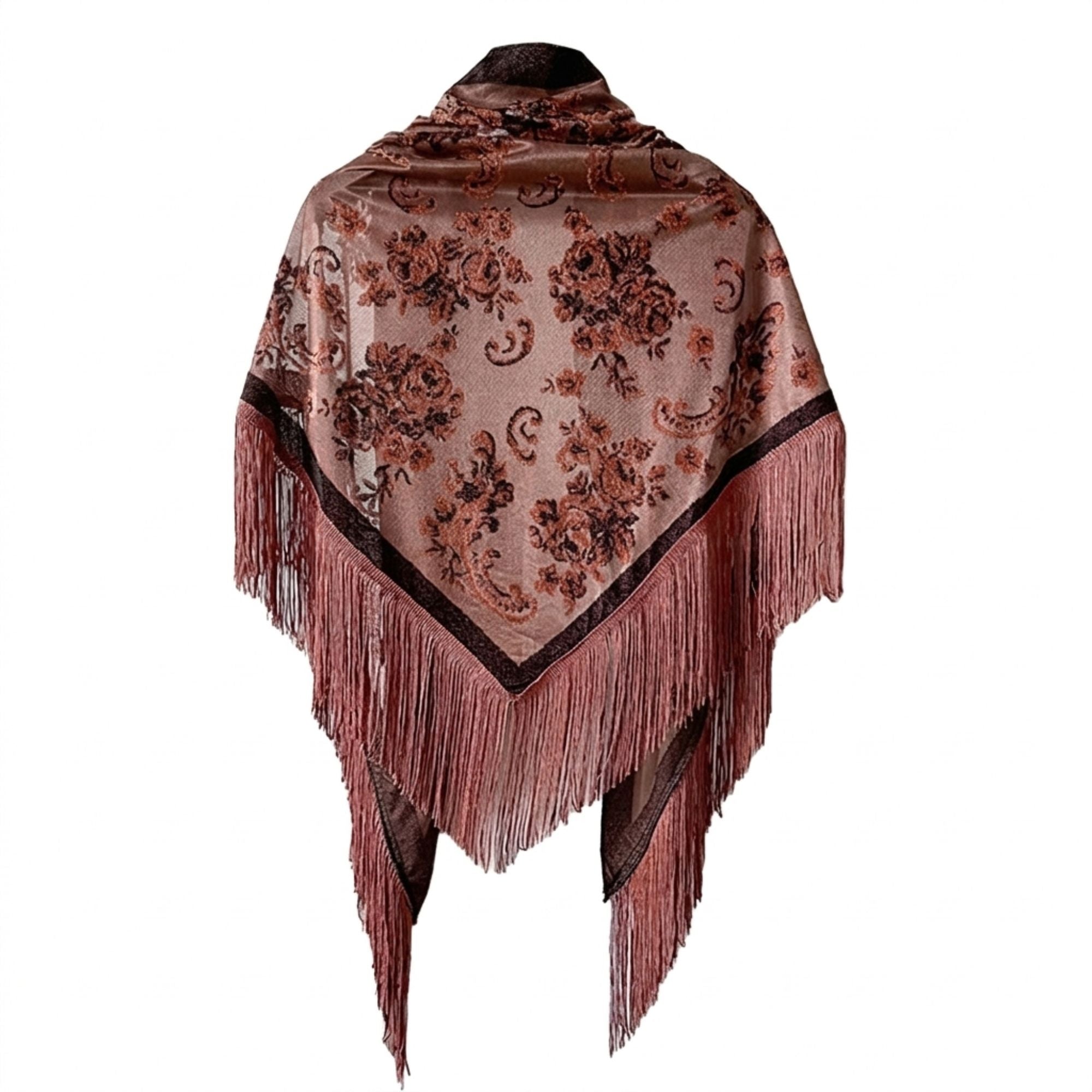 Triangle Shawl Scarf with Floral Jacquard and Fringe Trim