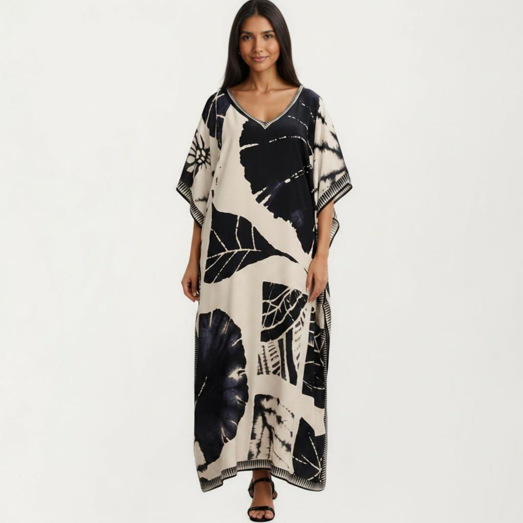 Anna-Kaci Women's Abstract Print Maxi Caftan Dress with V-Neckline Short Sleeves and Relaxed Draped Silhouette