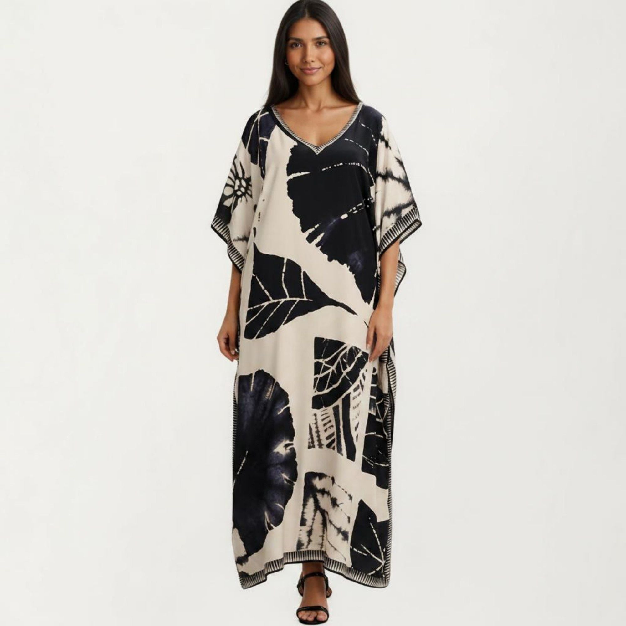 Anna-Kaci Women's Abstract Print Maxi Caftan Dress with V-Neckline Short Sleeves and Relaxed Draped Silhouette