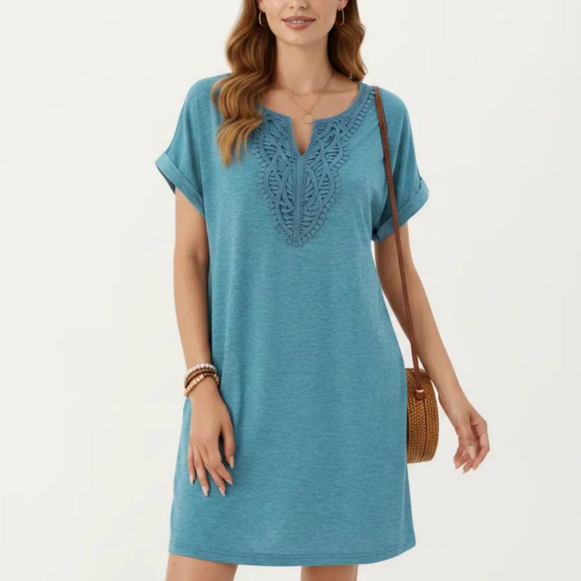 Anna-Kaci Women's Short Sleeve Shift Dress with Split V Neck Embroidered Detail Relaxed Fit Casual Tunic Dress