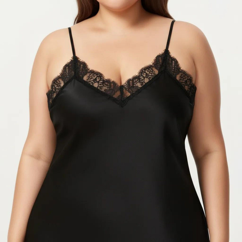 Anna-Kaci Lounge Women's Plus Size Satin Chemise Lace Trim V Neck Sleep Dress Adjustable Strap Slip Nightgown