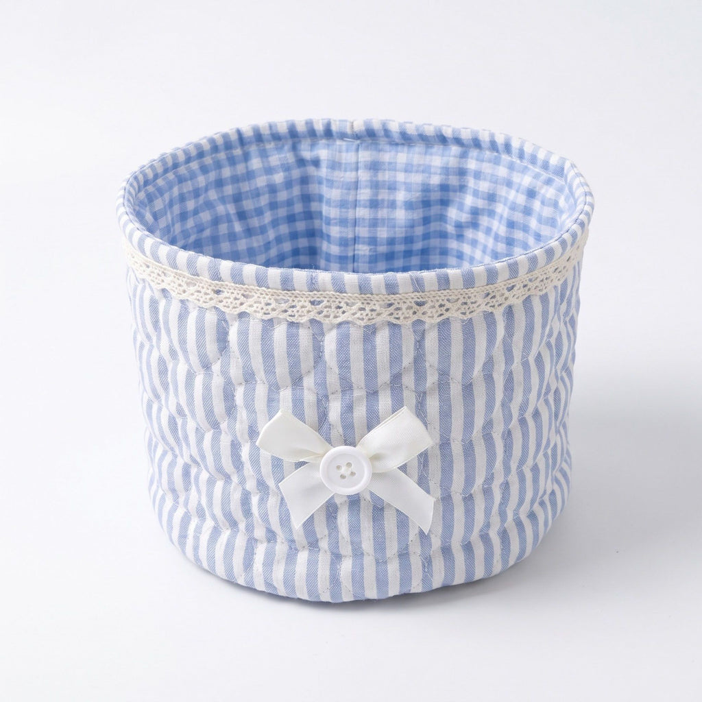 Quilted Fabric Storage Basket with Lace Trim and Bow