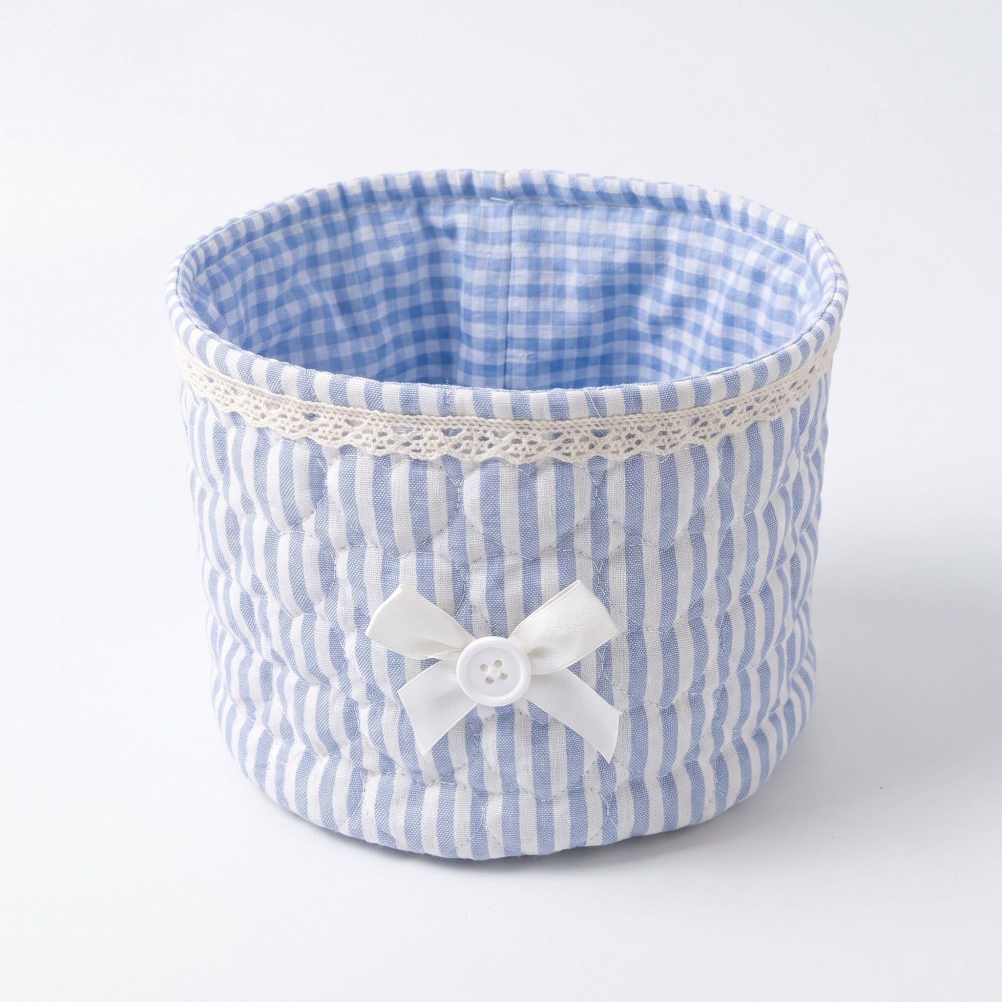 Quilted Fabric Storage Basket with Lace Trim and Bow