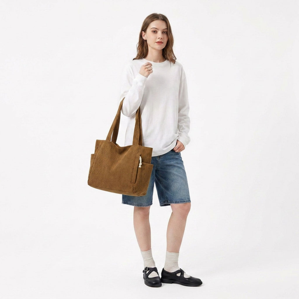 Corduroy Tote Bag Large Capacity Shoulder Bag with Side Pockets and Zipper Closure