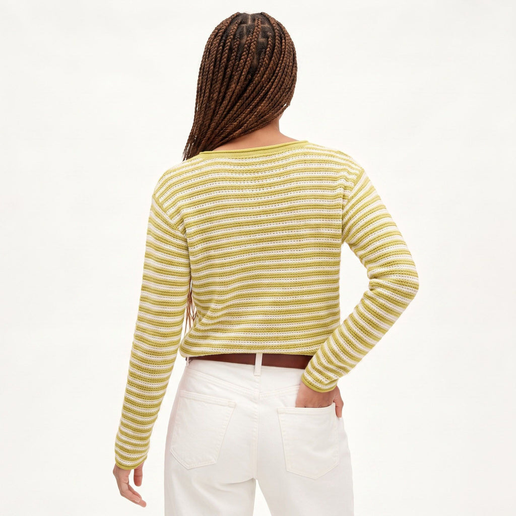 Striped Pointelle Knit Boat Neck Long Sleeve Sweater