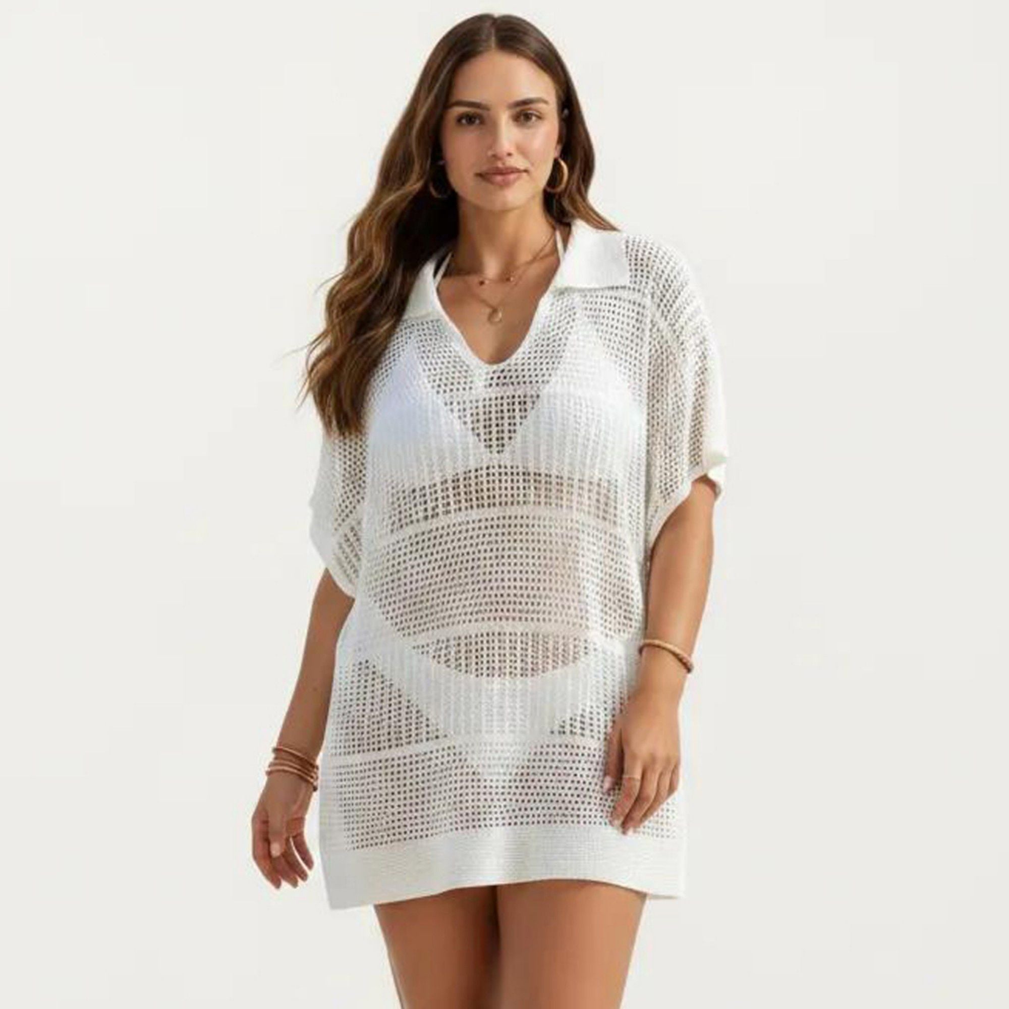 Anna-Kaci Women's Mesh Swim Cover Up Dress with Open Knit Design Collared Neckline Short Sleeves Relaxed Fit