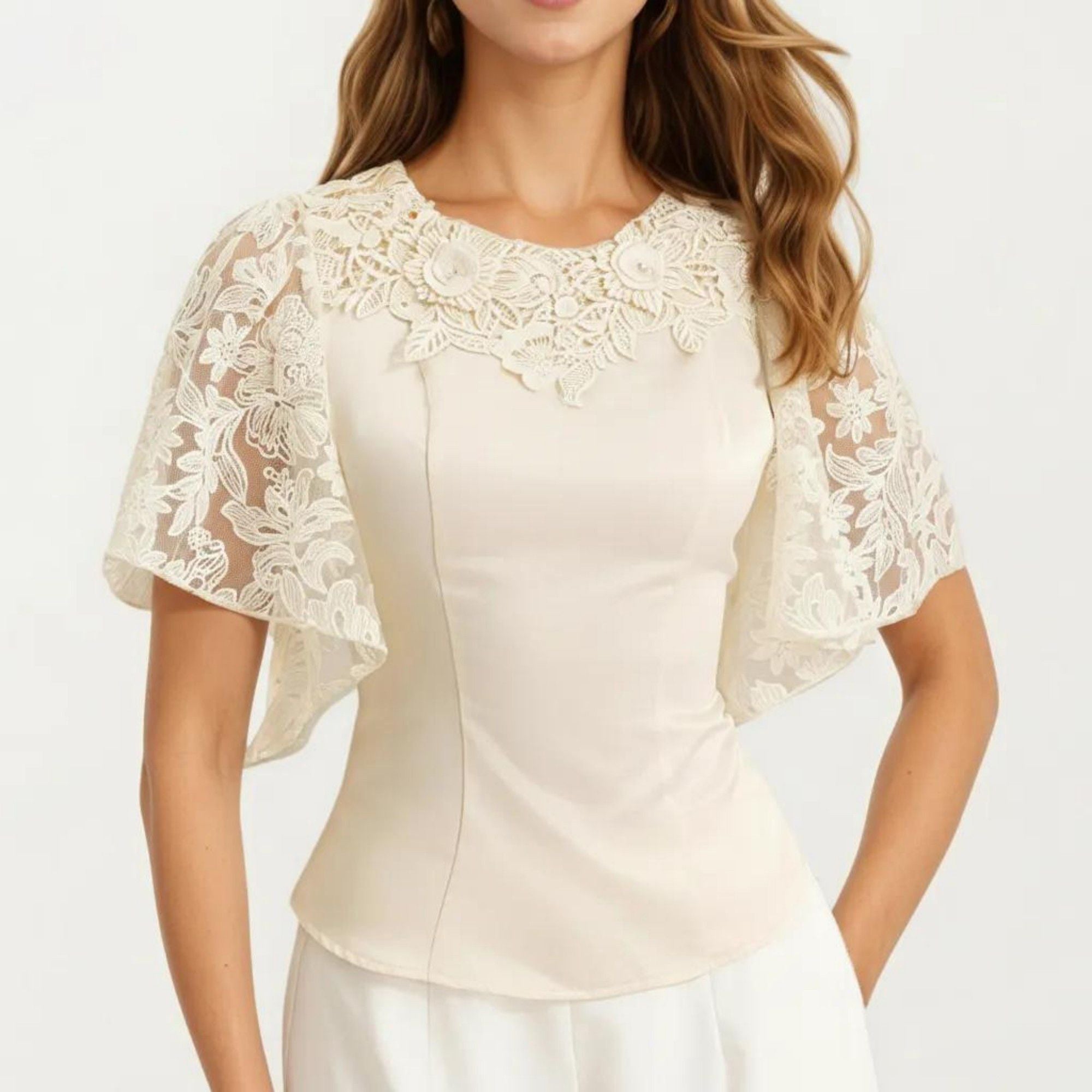 Anna-Kaci Women's Short Sleeve Blouse with Floral Lace Cape Overlay and Embroidered Neckline