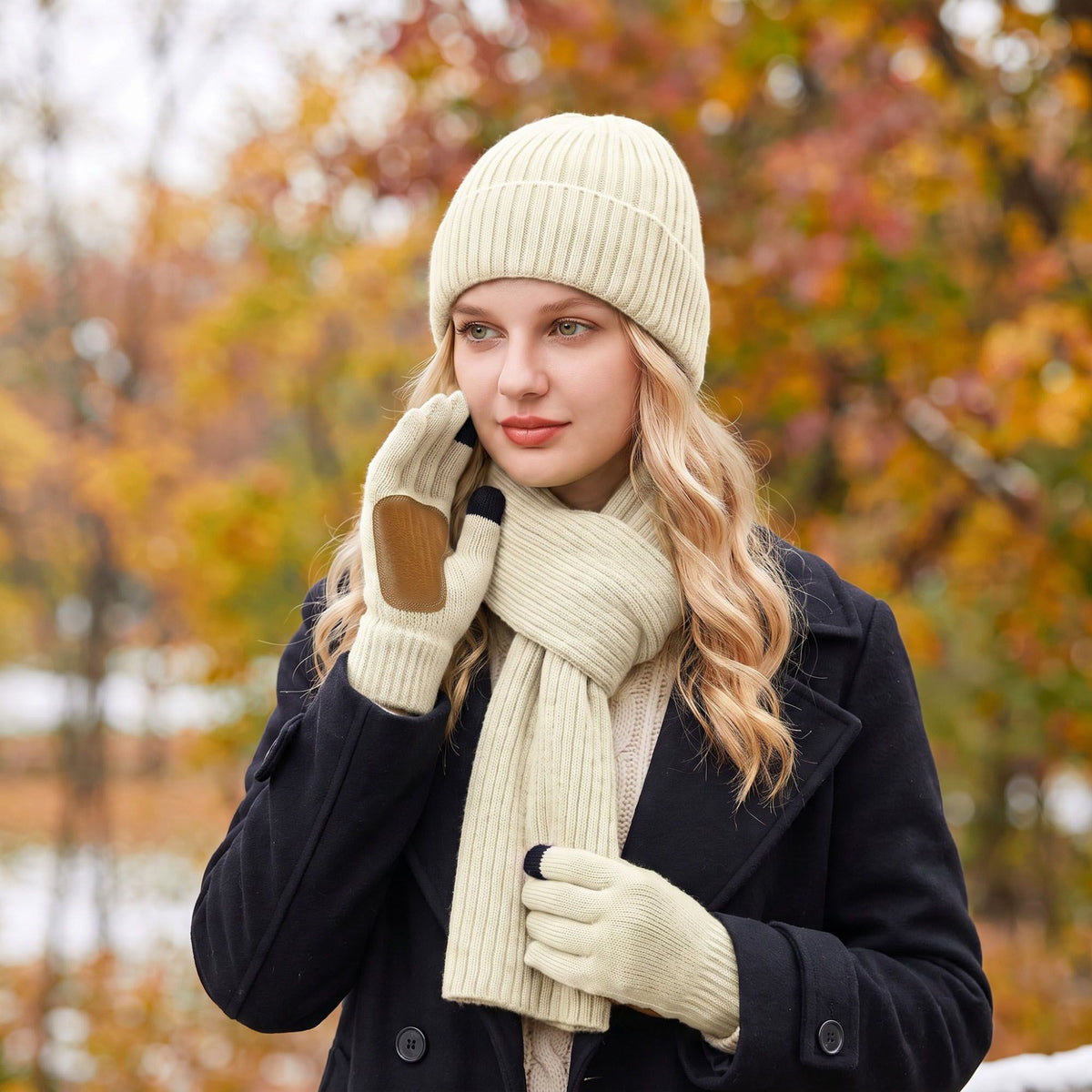 3 Piece Ribbed Knit Beanie Scarf and Touchscreen Gloves Set