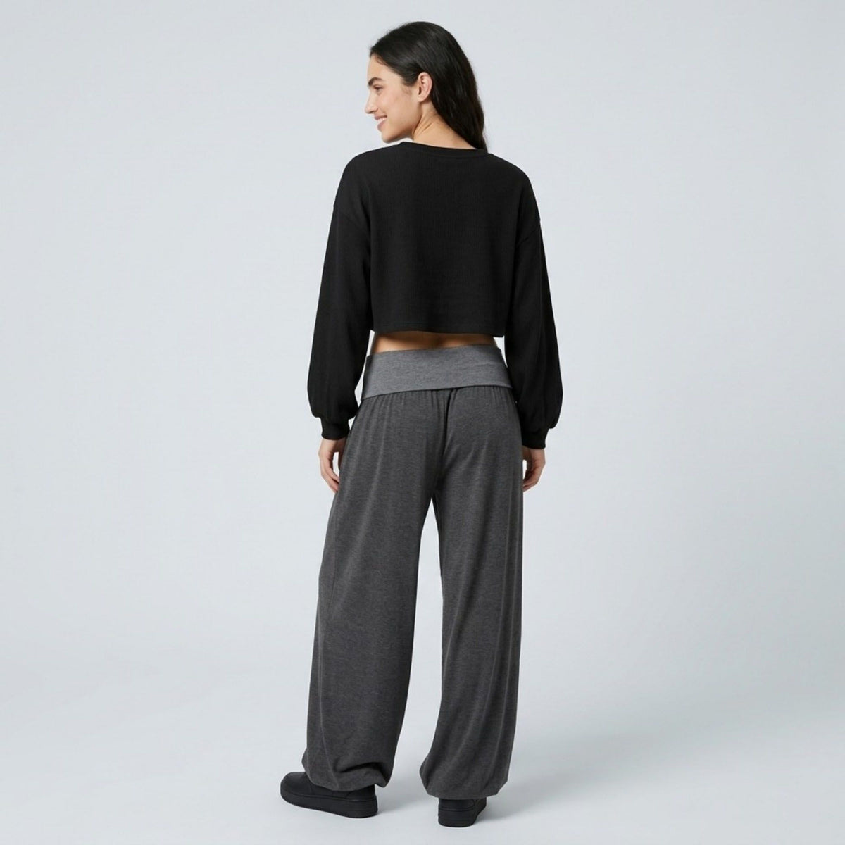 Contrast Foldover Waistband Full-Length Wide-Leg Trousers