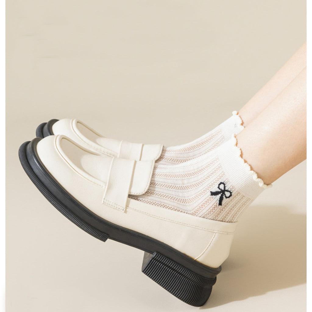 Anna-Kaci Women's 4-Pair Pack Sheer Ribbed Ankle Socks with Ruffled Trim and Embroidered Bow Detail in Multiple Color Combinations