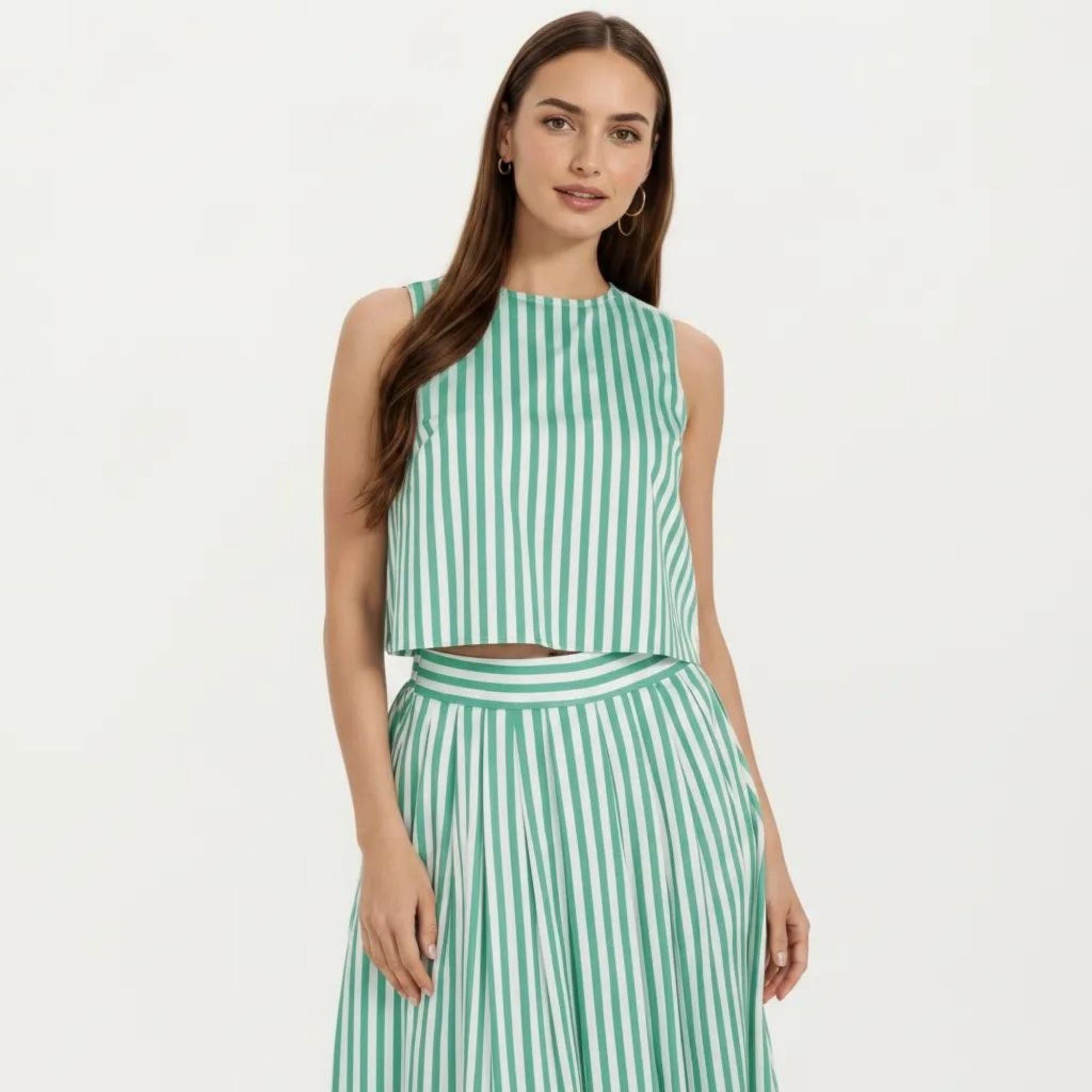 Anna-Kaci Women's Sleeveless Striped Two Piece Set Crop Top and Midi Skirt with Back Button Detail Flowy High Waist Set