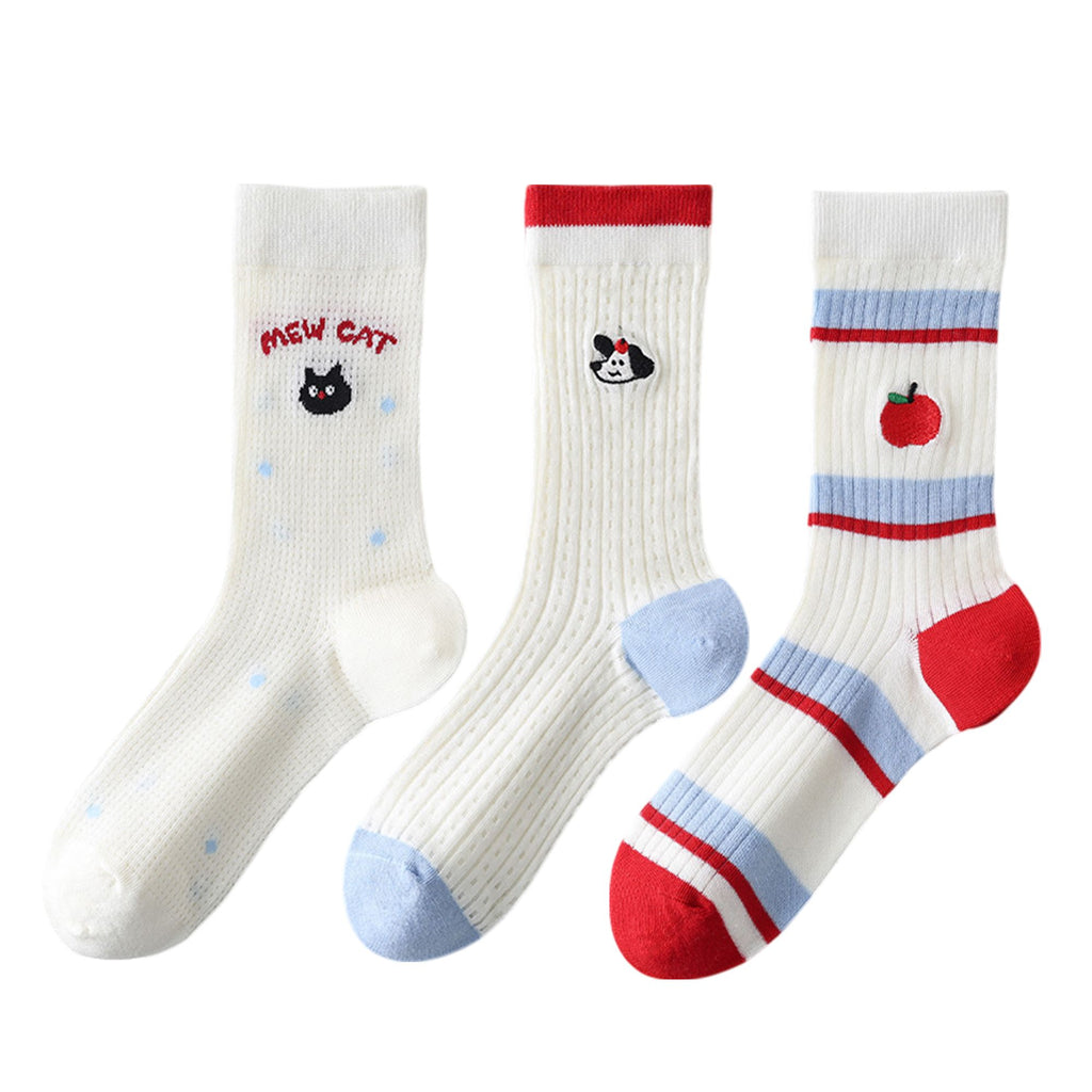 Anna-Kaci Womens Cute Cartoon Embroidered Crew Socks 3-Pair Pack Fun Patterned Cotton Knit Soft and Stretchy Casual Style