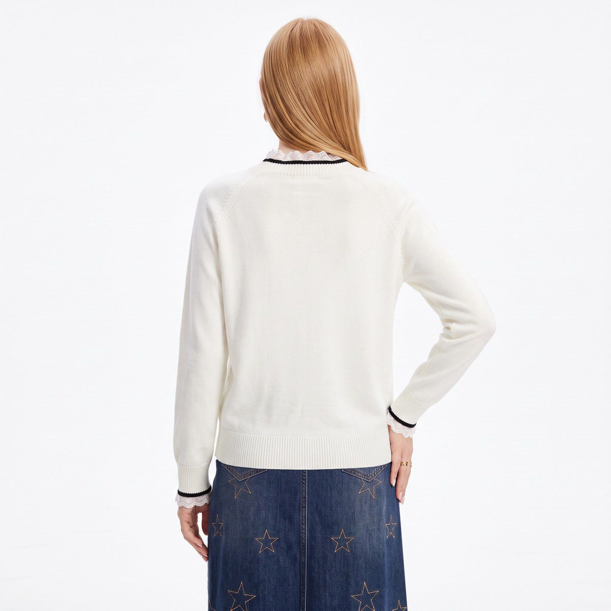 Bow Applique Crewneck Long Sleeve Sweater with Lace Trim