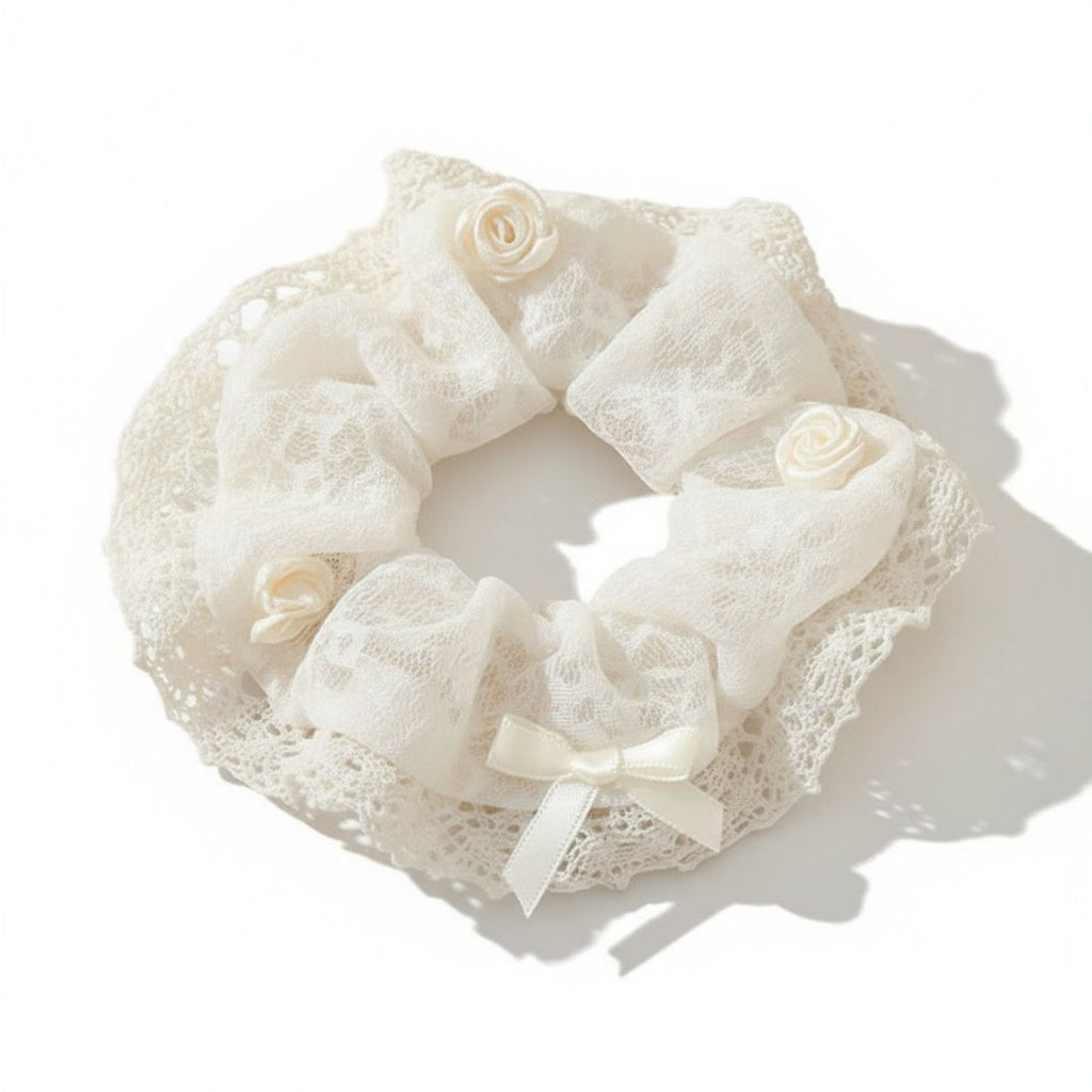 Anna-Kaci 2pcs Sheer Organza Scrunchie with Embroidered Mini Roses and Soft Layered Design