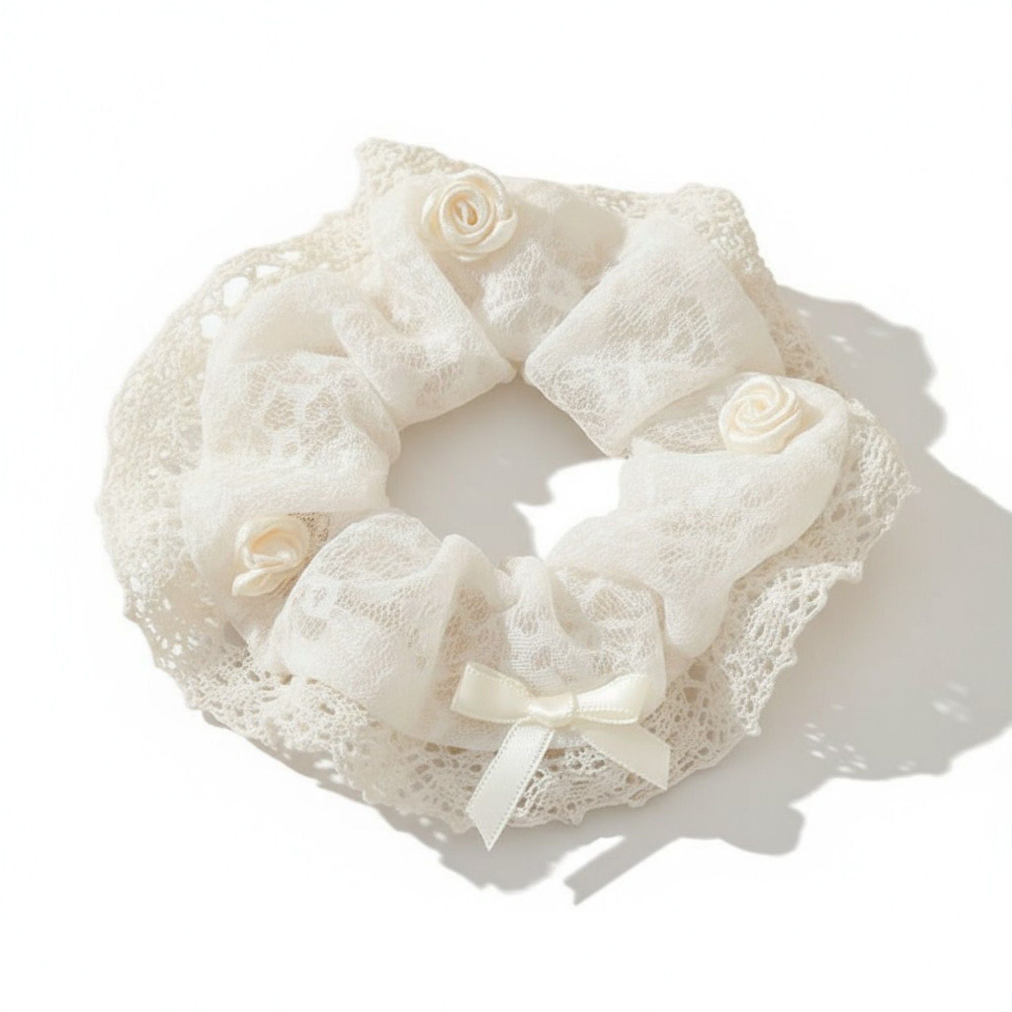 Anna-Kaci 2pcs Sheer Organza Scrunchie with Embroidered Mini Roses and Soft Layered Design