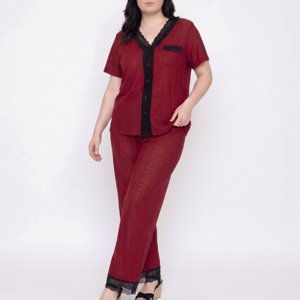 Plus Size 2-Piece Pointelle Button Front Short Sleeve Pajama Top and Pants Set with Lace Trim