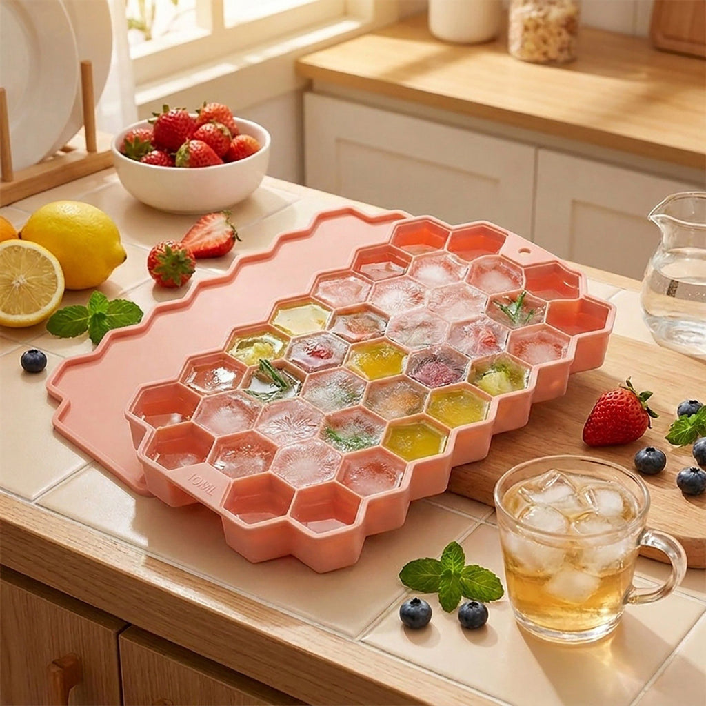 2-Piece Honeycomb Ice Cube Tray - 37-Grid Flexible Mold with Spill-Resistant Lid