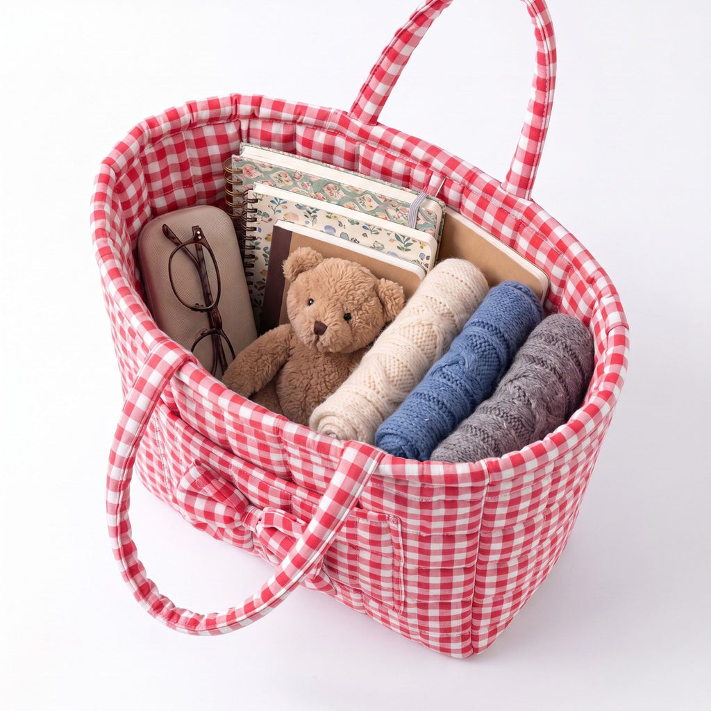 Quilted Gingham Storage Basket with Handles and Bow