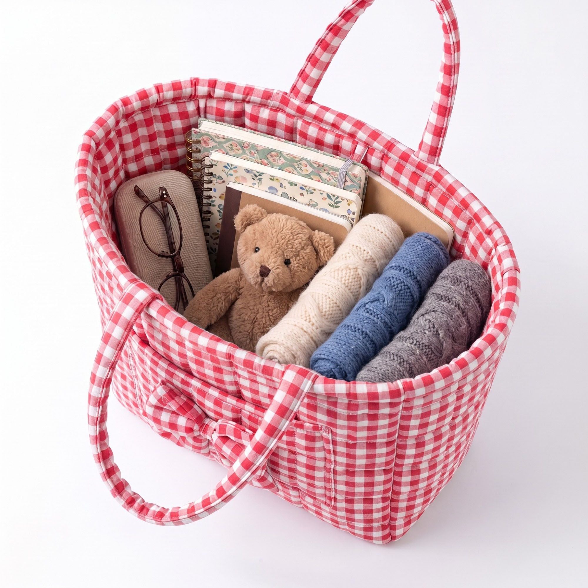 Quilted Gingham Storage Basket with Handles and Bow