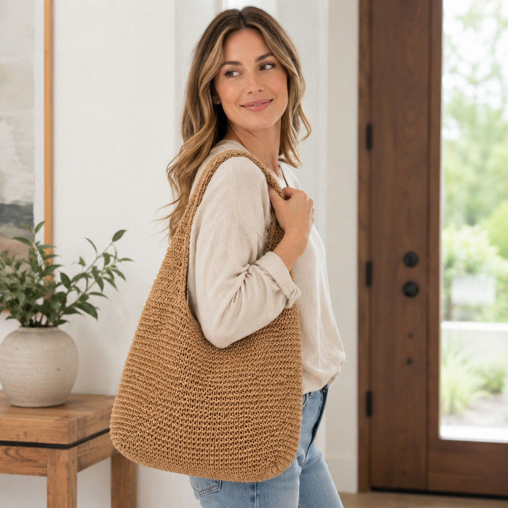 Woven Straw Shoulder Bag - Lightweight Hand-Knit Summer Tote for Beach and Vacation