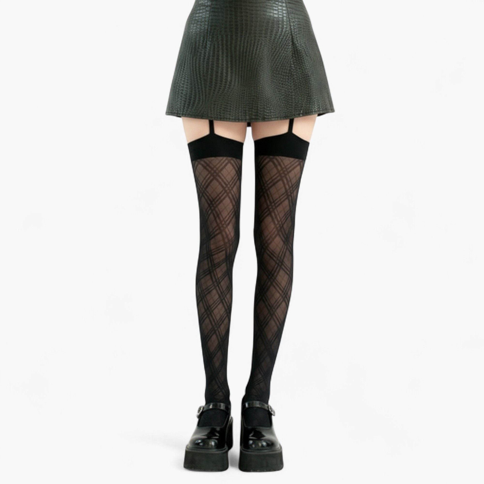 Anna-Kaci Women's Sheer Plaid Pattern Thigh High Tights with Elastic Band Top and Garter Style Detail