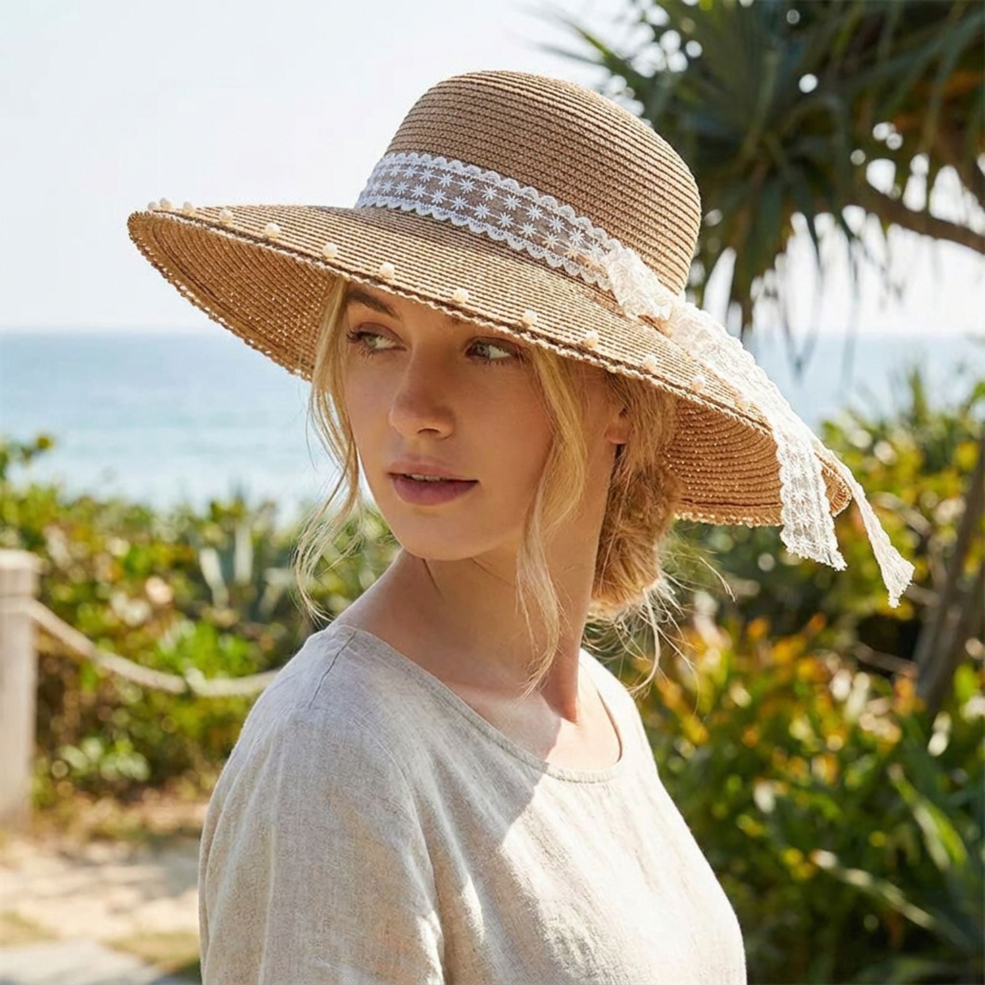 Wide Brim Sun Hat with Lace Bow and Pearl Trim